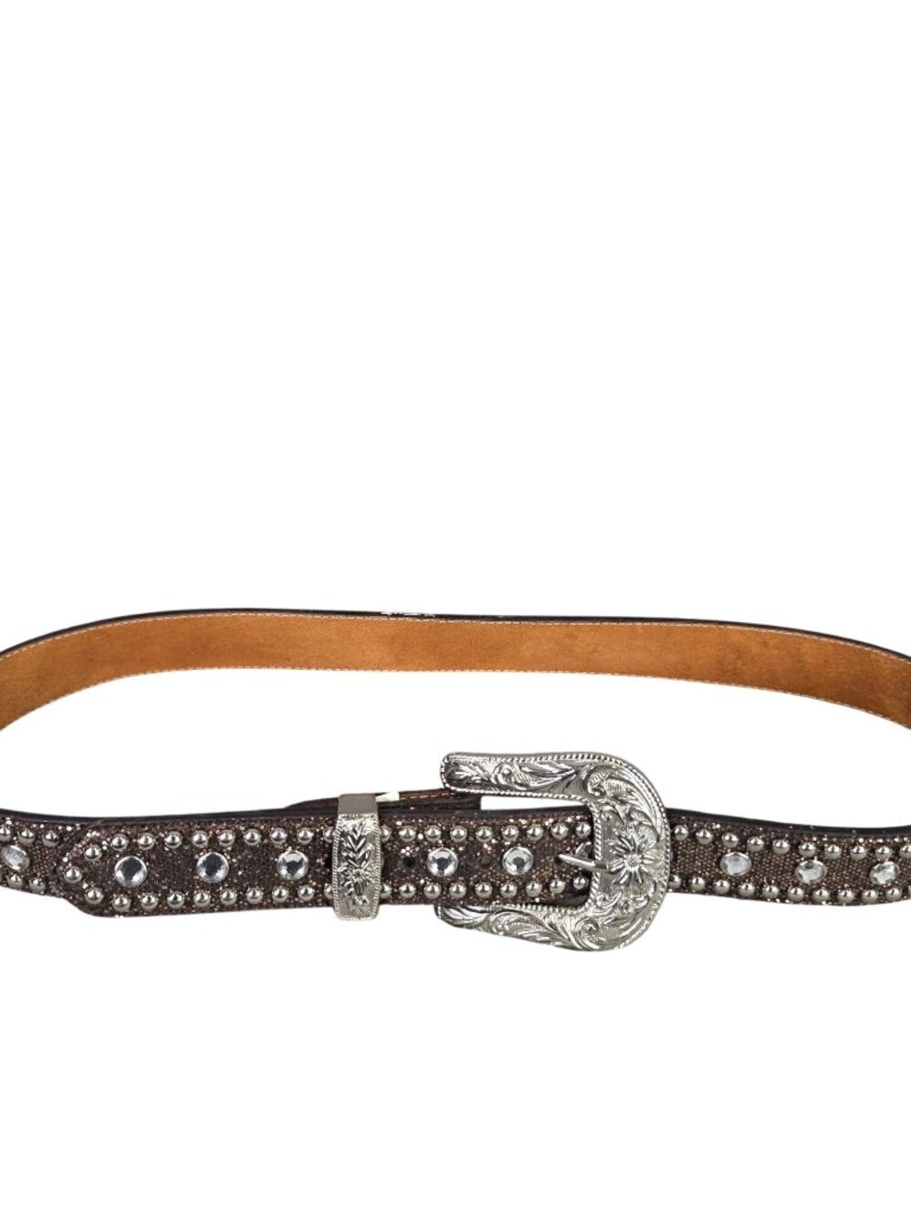 Womens 3D Brand Brown Rhinestone Studded Leather Belt Silver Engraved Buckle L